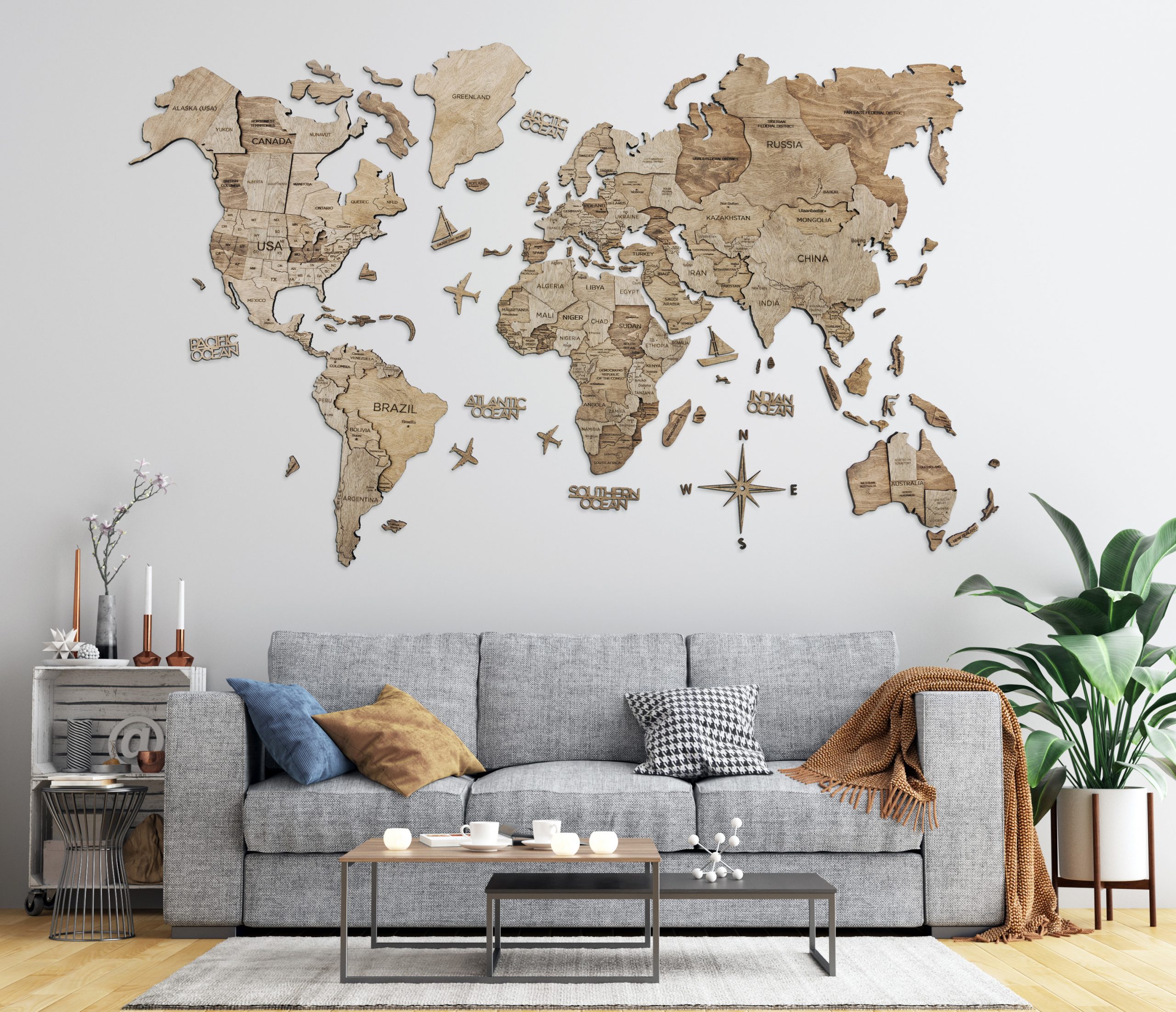 Carte du monde murale 3D Grise